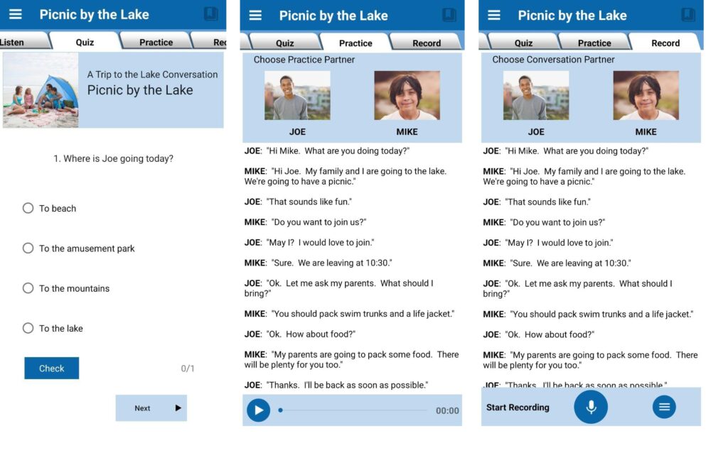 English Conversation Practice app layout 